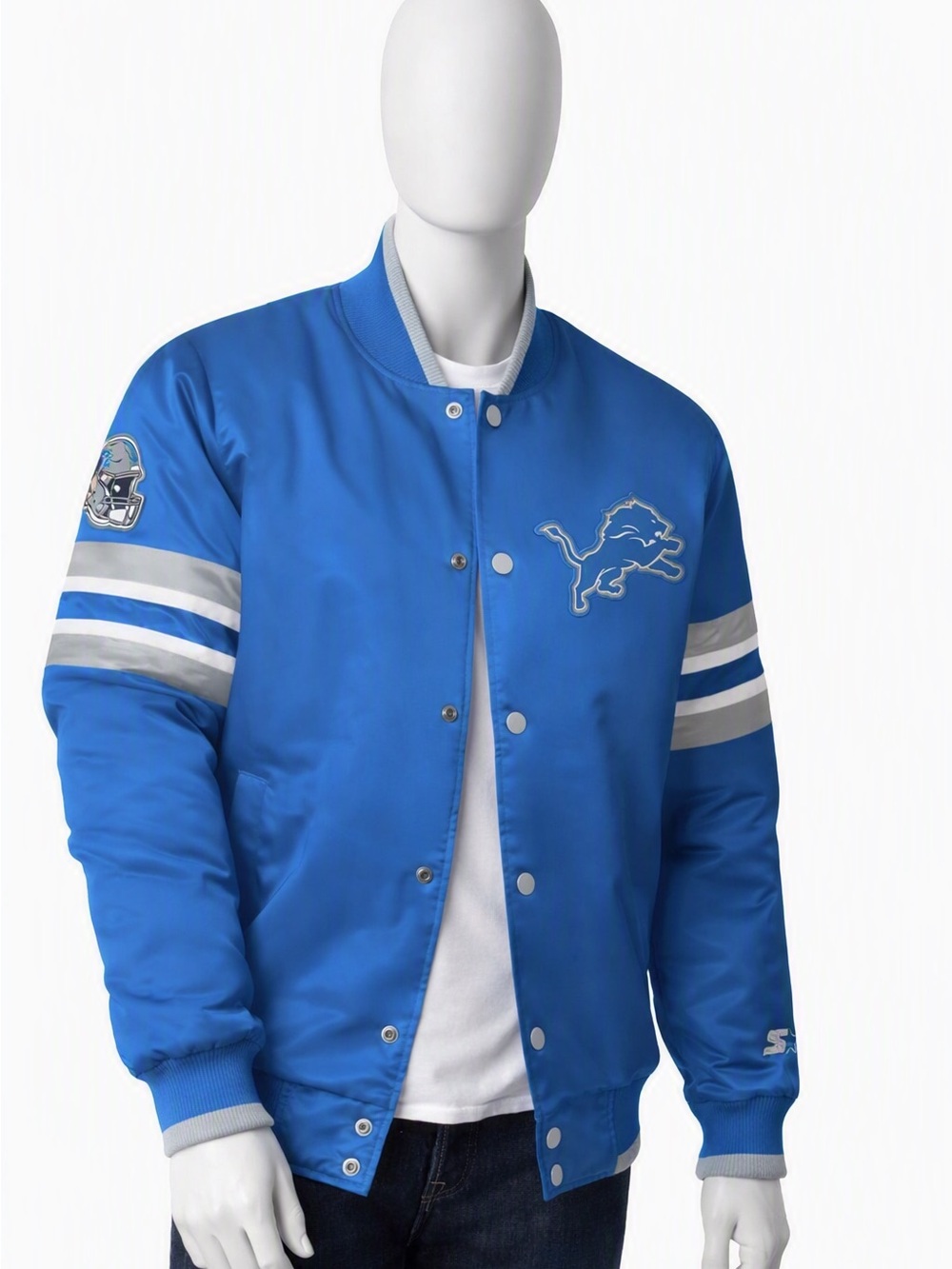 Starter Detroit Lions Men's 2XL Satin Bomber Jacket Blue NFL NWT